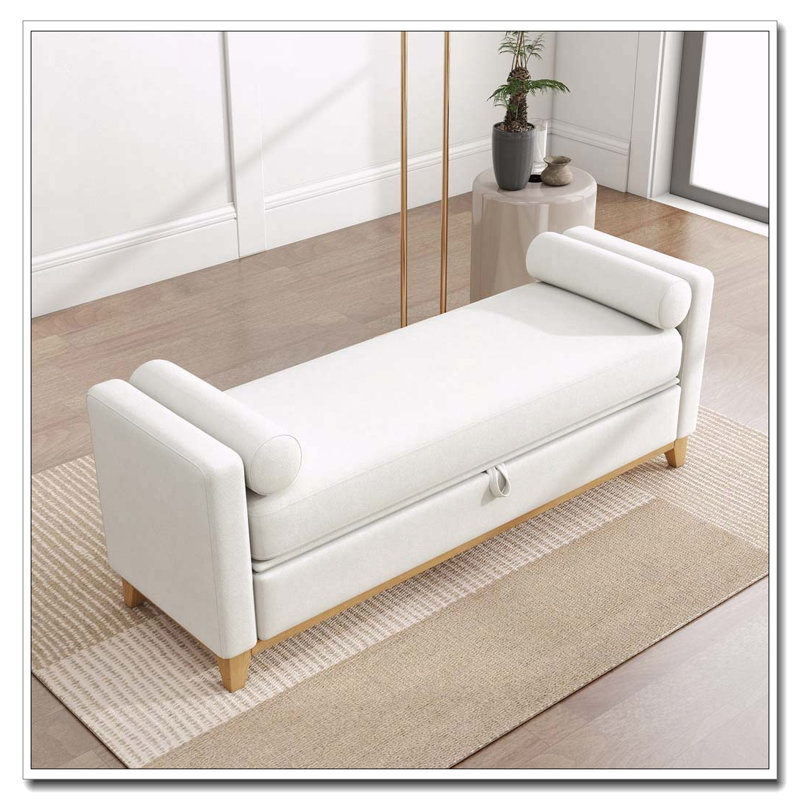 Banc rembourré en bois massif, Beige + naturel, 66 po + rangement