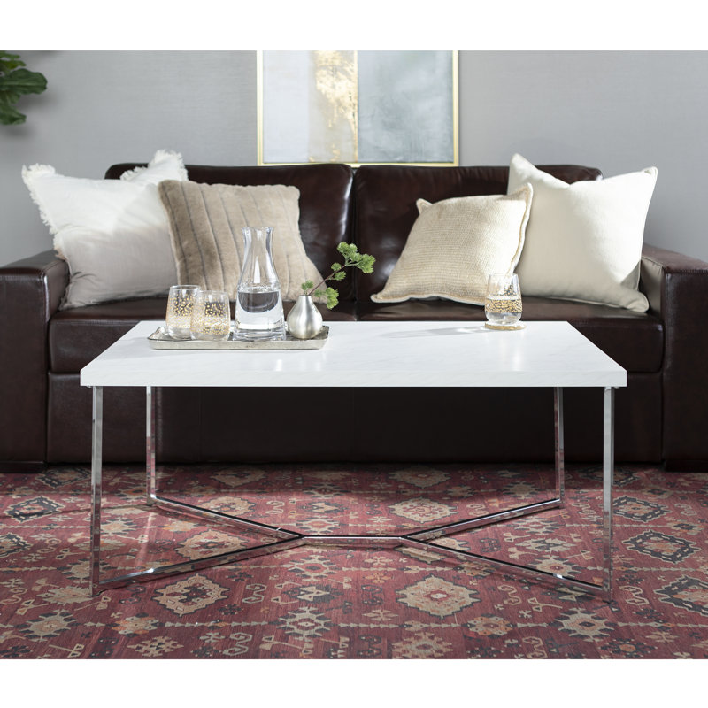Maksymilian Glam Cross-Legs Coffee Table, Chrome, Faux White Marble