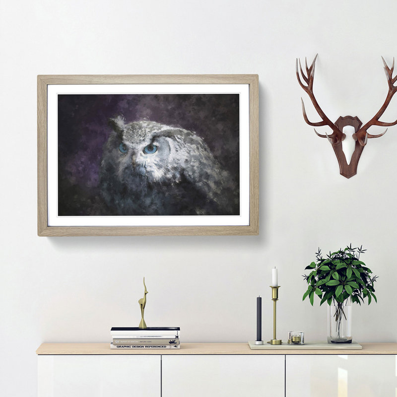 Blue Eyed Eurasian Eagle Owl Painting - Single Picture Frame Print on MDF, 24cm H x 33cm W x 2cm D, Walnut