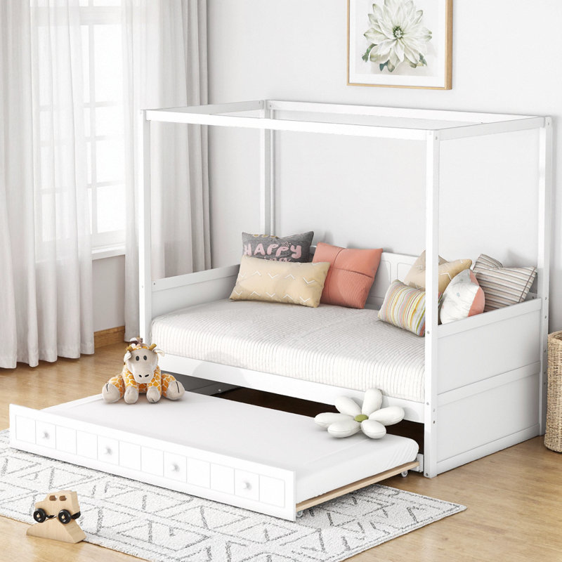 Lit de jour à baldaquin en bois avec lit gigogne sous le lit - Solution de sommeil peu encombrante pour les chambres d'amis