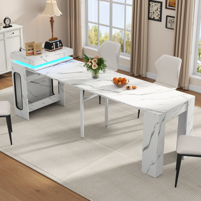 Table de salle à manger extensible avec station de charge et lumières DEL, table de salle à manger en faux marbre blanc de 19,7 po à 98,4 po