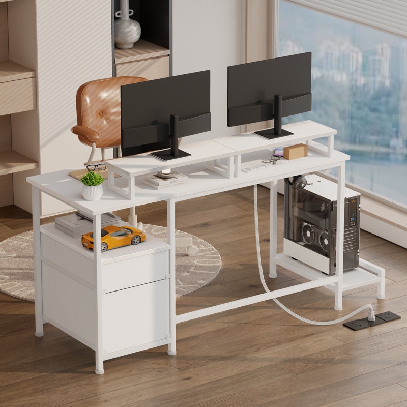  Computer Desk 47 in. with Power Outlets Gaming Desk with Drawer, 2 Monitor Stands, White/Rustic Brown, White, White