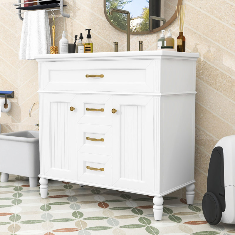 Meuble-lavabo de salle de bain avec lavabo, tiroir et portes à fermeture douce, Blanc