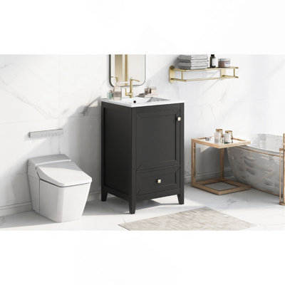 Meuble-lavabo de 20 po avec lavabo, armoire de salle de bain avec porte en verre à fermeture douce, tiroir, blanc