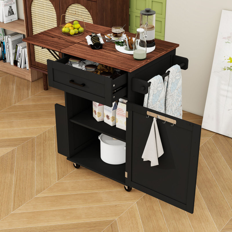 Kitchen Island with Drop Leaf, Drawer, Side Rack and Towel Rack, Black