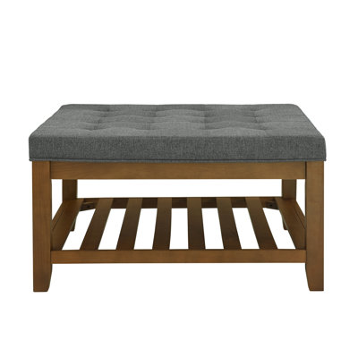 Upholstered Coffee Table Tufted Linen Large Square Ottoman With Beech Wood Shelf And Frame, Oversized Footrest Ottoman For Living Room