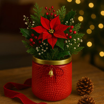 Red Ceramic Planter Pot With Gold Rim And Decorative Bell – Holiday Indoor Flower Pot, Textured Design
