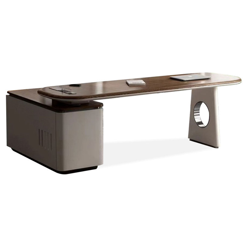 Nut-brown+Griege L-Shaped Manufactured Wood+Stainless Steel with 3 drawers desk, 29.53" H x 62.99" W x 59.06" D