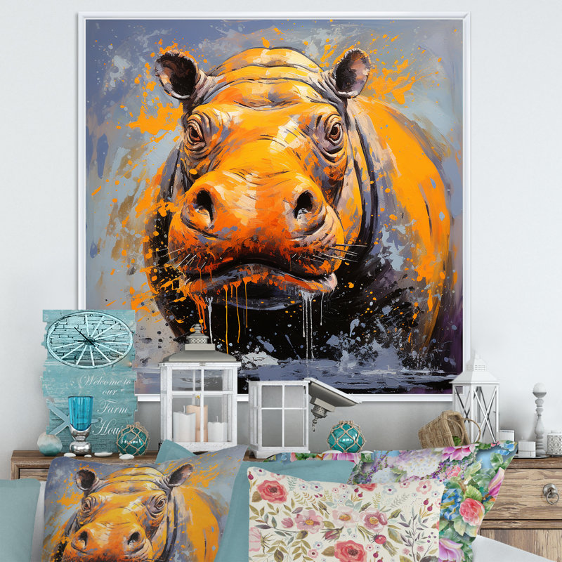 Art mural jaune hippopotame jaune - Hippopotame, Cadre flottant blanc, 16" H x 16" W