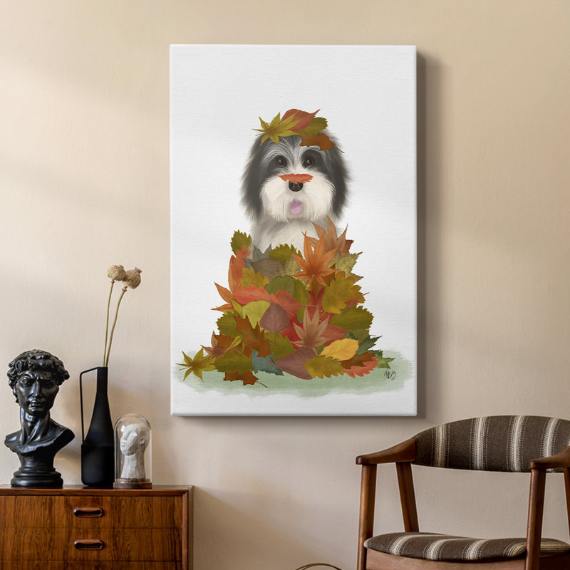 Landed in Autumn, chien noir et blanc - galerie Cavas sur mesure, H 60 po x l 40 po
