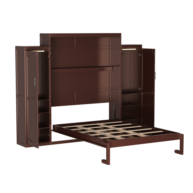 Grand lit escamotable, grand lit escamotable en bois avec 2 garde-robe et tablette de rangement, cadre de lit plateforme pliable multifonctionnel pour chambre d'amis, chambre à coucher, noyer