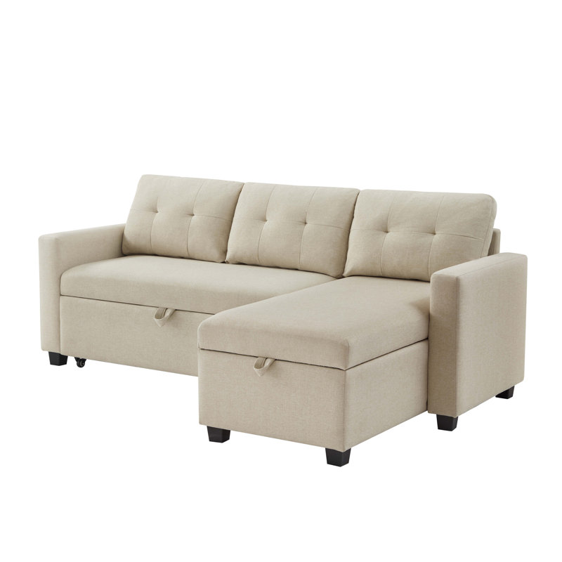 L-Shaped Corner Couch Upholstered Pull Out Sectional Sofa with Storage Chaise, Convertible Sleeper, Beige Linen