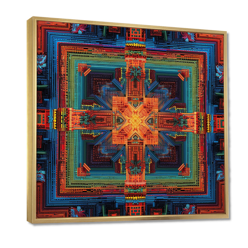 Mandala bouddhiste géométrique Vajrayana, Cadre flottant doré, H 16 po x l 16 po x P 1 po
