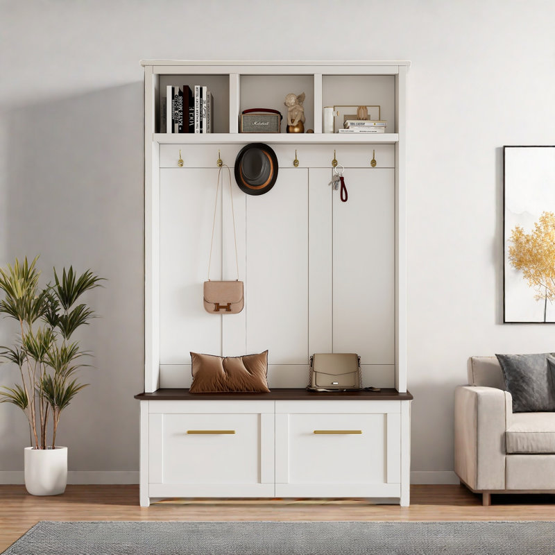 Versatile 4-in-1 Hall Tree With Coat Rack & 6 Golden Hooks, Wood Grain Bench, 2 Drawers And Metal Handles, White