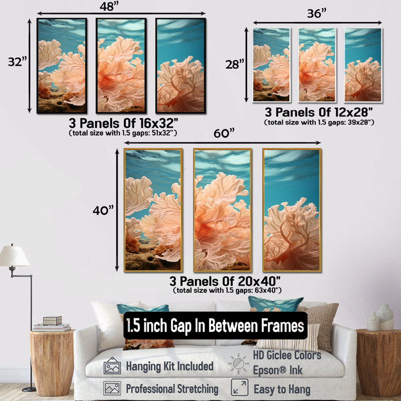«Peach Coral Expression - Coastal Coral Under Water», ensemble d'art sur toile, Cadre flottant doré