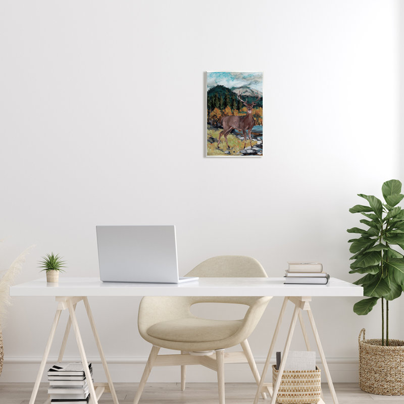 Cerf, rivière, paysage - peinture, H 15 po x l 10 po x P 0,5 po, Bois
