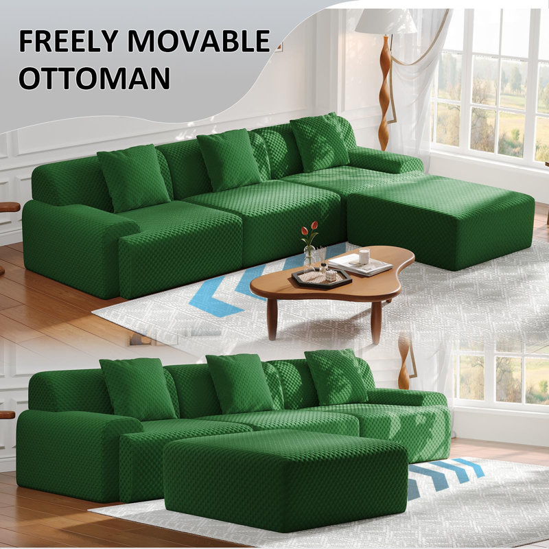 113'' 4-piece Modern Upholstered L-shape Sectional Sofa With Ottoman- Premium Fabric, Green