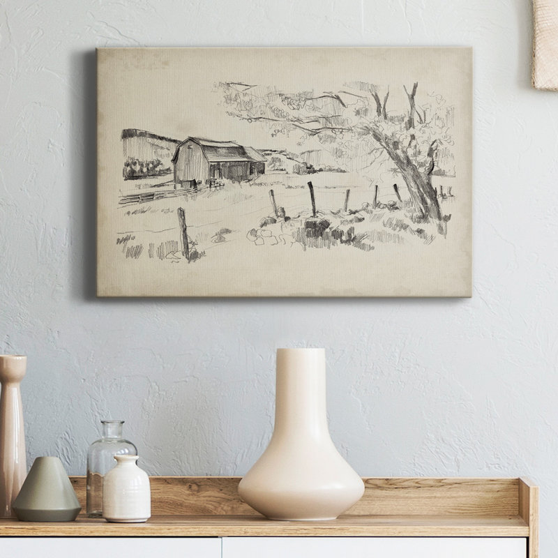 Vue de grange esquissée II - reproduction sur toile tendue, H 27 po x l 18 po x P 1 po