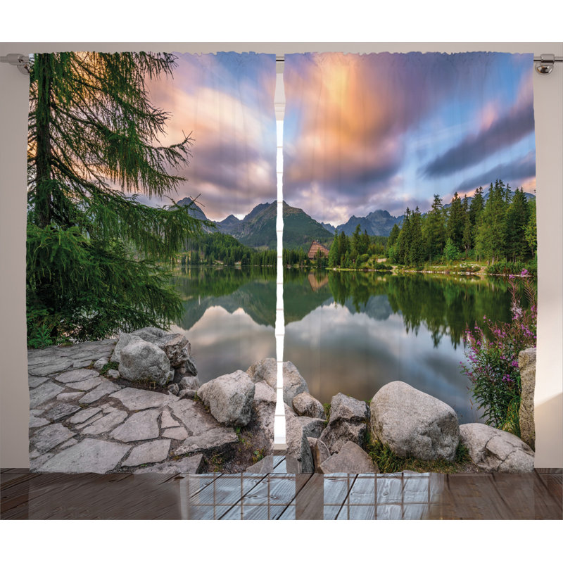 View with Tree on Lake Decor Graphic Print Semi-Sheer Rod Pocket Curtain Panels, 54" W x 108" L