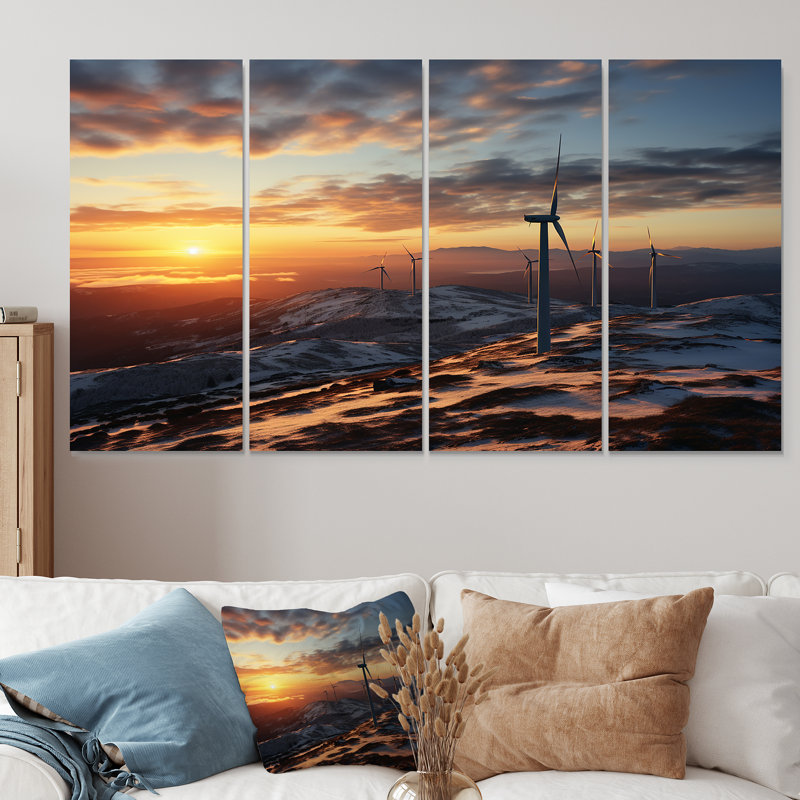 «Sunset Wind Turbines Mountain View I - Wind Turbines», toile d'art 4 pièces, H 32 po x l 64 po