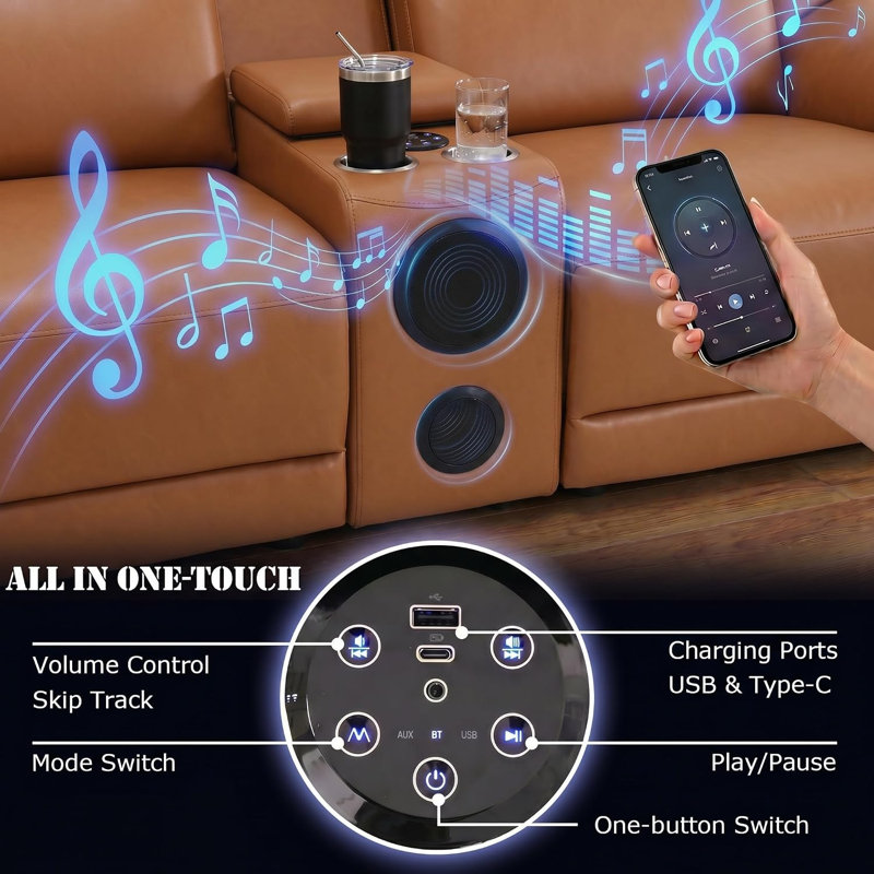 Canapé modulaire inclinable électrique en cuir 6 pièces de 113 po avec appuis-tête réglables, console de rangement, éclairage DEL et haut-parleurs Bluetooth