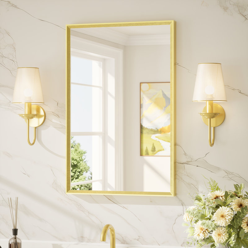 Miroir de salle de bain avec cadre en aluminium et verre trempé, 30 po x 20 po, Or brossé, Rectangulaire