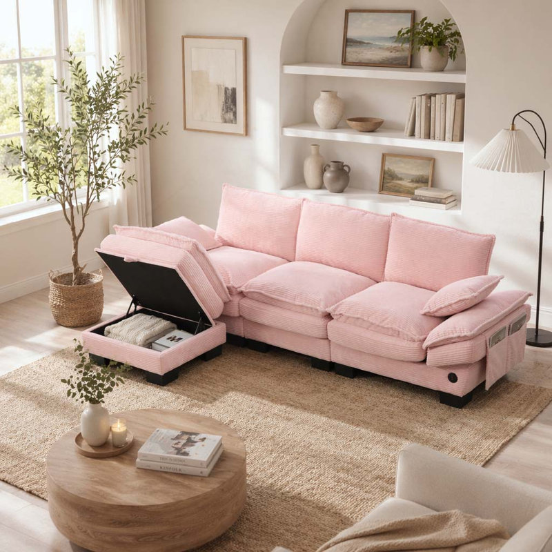 Canapé modulaire modulaire en nuage, canapé rembourré en velours côtelé avec ports USB et repose-pieds avec rangement, canapé confortable multi-configurations pour le salon