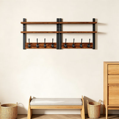 Double Shelf Coat Rack Wall Mount with 8 Hooks, Wooden Wall Mounted Coat Hanger with Shelf for Entryway, Bathroom, Bedroom, and Laundry Room