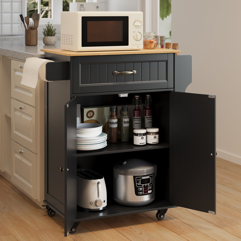 Lotosha Solid Wood Top Kitchen Island Cart with Wheels &1-Drawer, Black/Brown