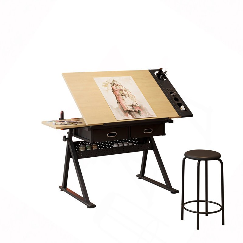 table de dessin réglable avec 2 tiroirs pour bureau à domicile et école avec tabouret, Maple/Black