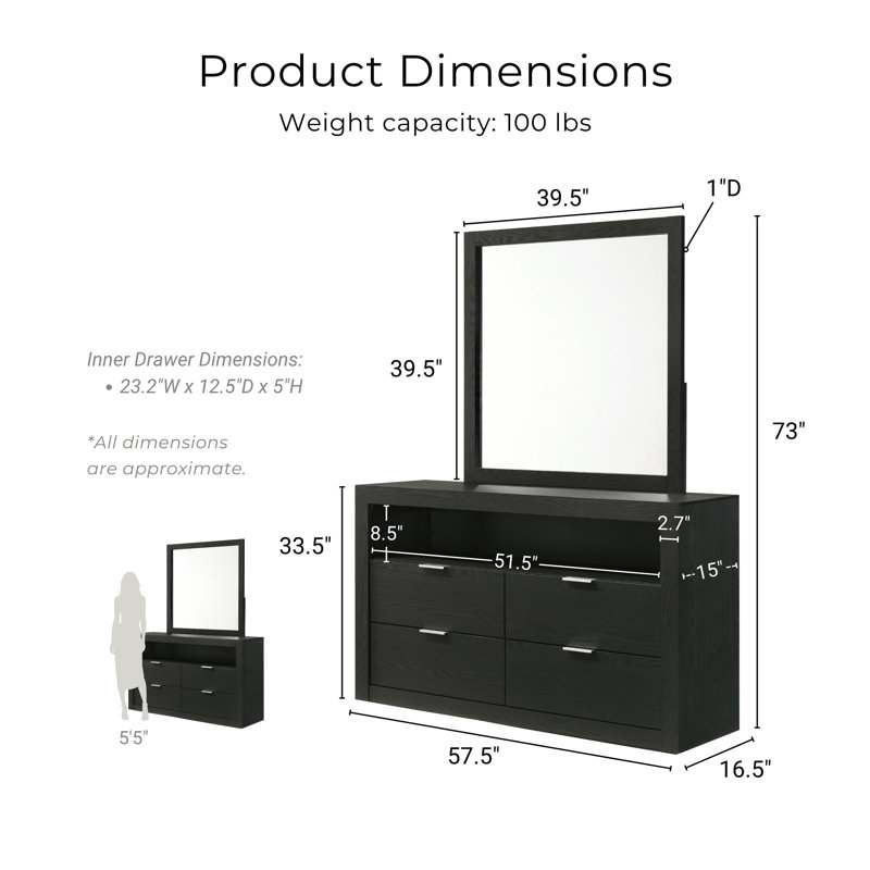 Ensemble commode et miroir 2 pièces Hildebran, Noir