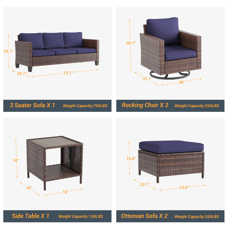 Ensemble de mobilier d'extérieur en rotin, Marine, Brun
