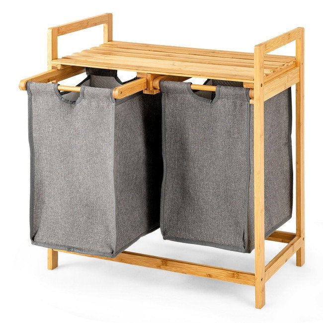 Trieur de linge en bambou avec sacs coulissants et tablette