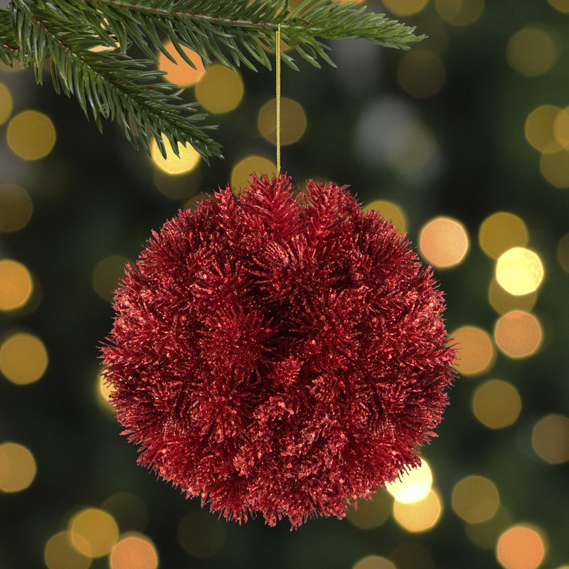 6" Red Glittered Pine Christmas Ball Ornament