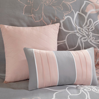 6 Piece Duvet Cover - Full/Queen Details Cotton 2 Shams Taupe Grey/Purple Printed Queen Floral Inside Corner Ties 3 Decorative Pillows Grey/Peach