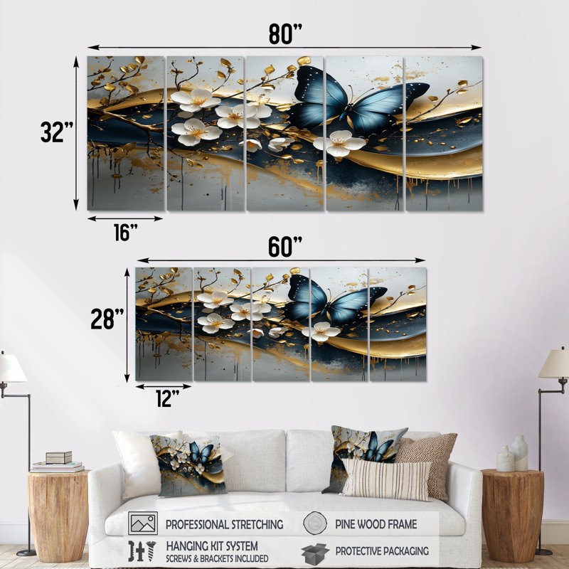 Papillon bleu et or sur une branche de cerisier en fleurs - ensemble d'art mural fleur de cerisier, H 28 po x l 60 po