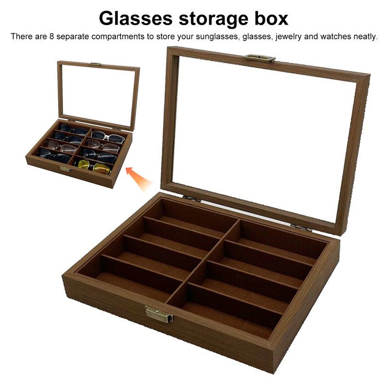 Organisateur de lunettes de soleil en bois avec boîte de rangement verrouillable pour 8 hommes et femmes
