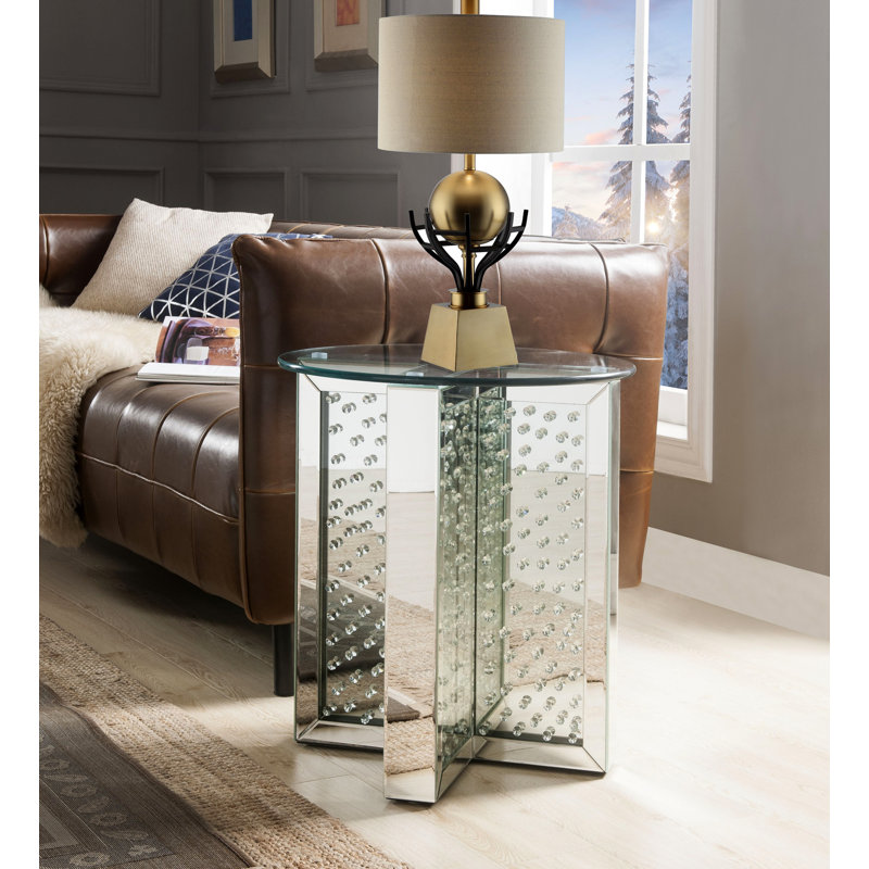 Table de bout en miroir, table de chevet, table de chevet avec plateau en verre