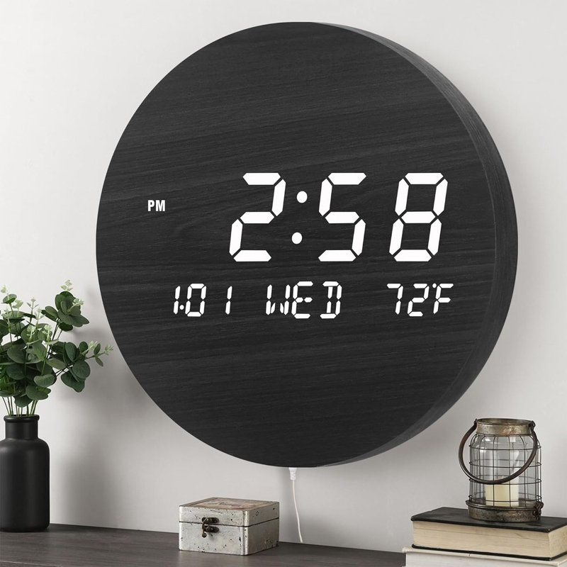 Ebern Designs Wood Digital Wall Clock,8'' Large LED Display,Silent