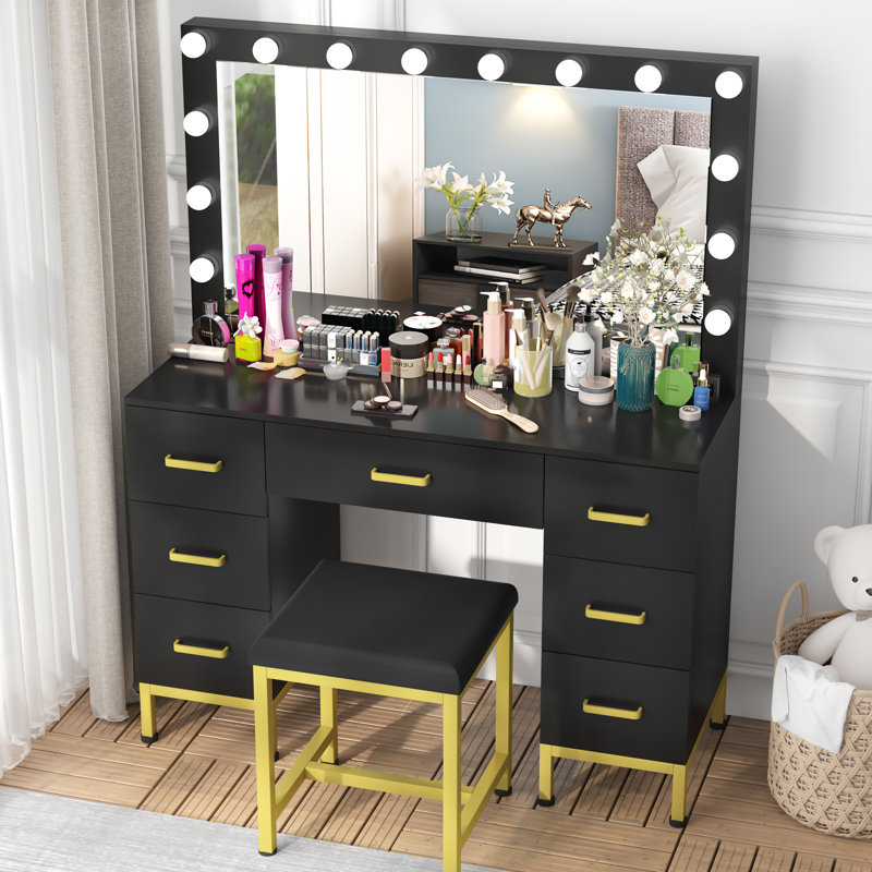 Ensemble coiffeuse avec miroir lumineux Exdol, Noir