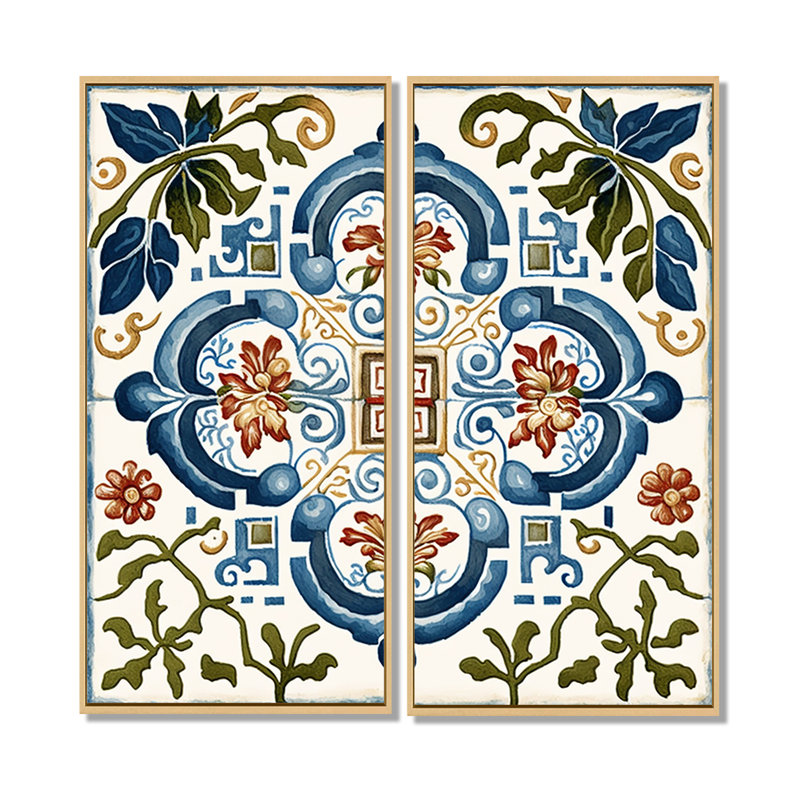 Carreaux de la Méditerranée en bleu rétro I - art mural bleu, H 40 po x l 40 po, Crème, crème, Impression encadrée flottante