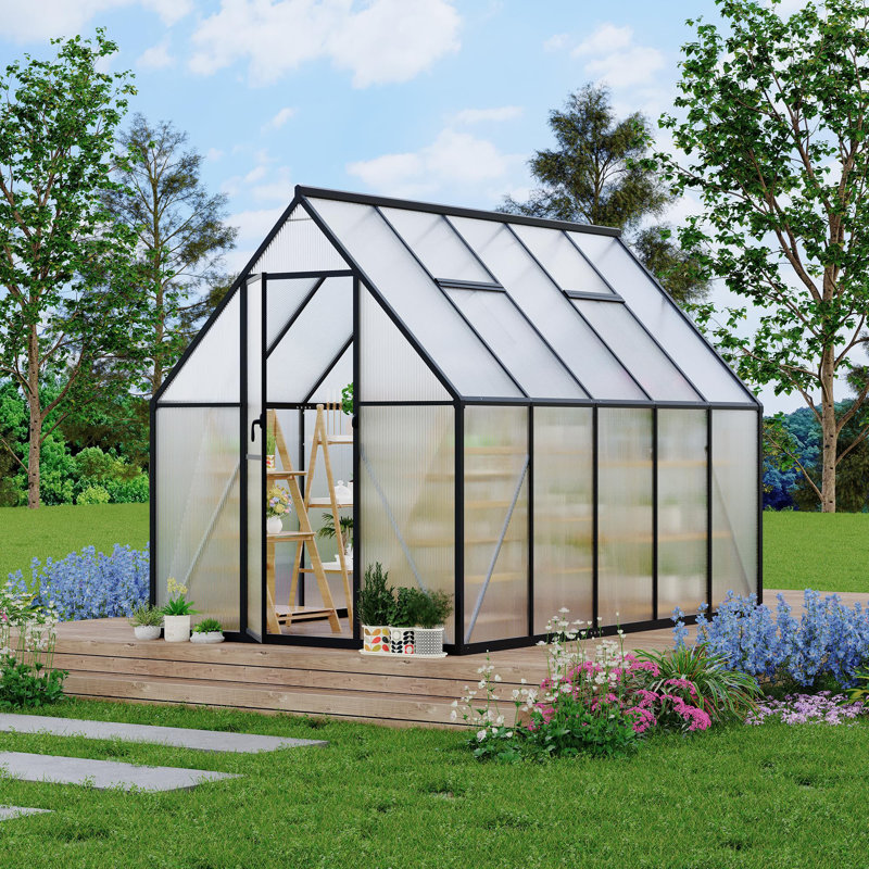 Serre à cadre en aluminium robuste de 6 pi x 9 pi, serre en panneau de polycarbonate avec système de ventilation et gouttière, porte verrouillable, plante d'extérieur à assemblage rapide, noir