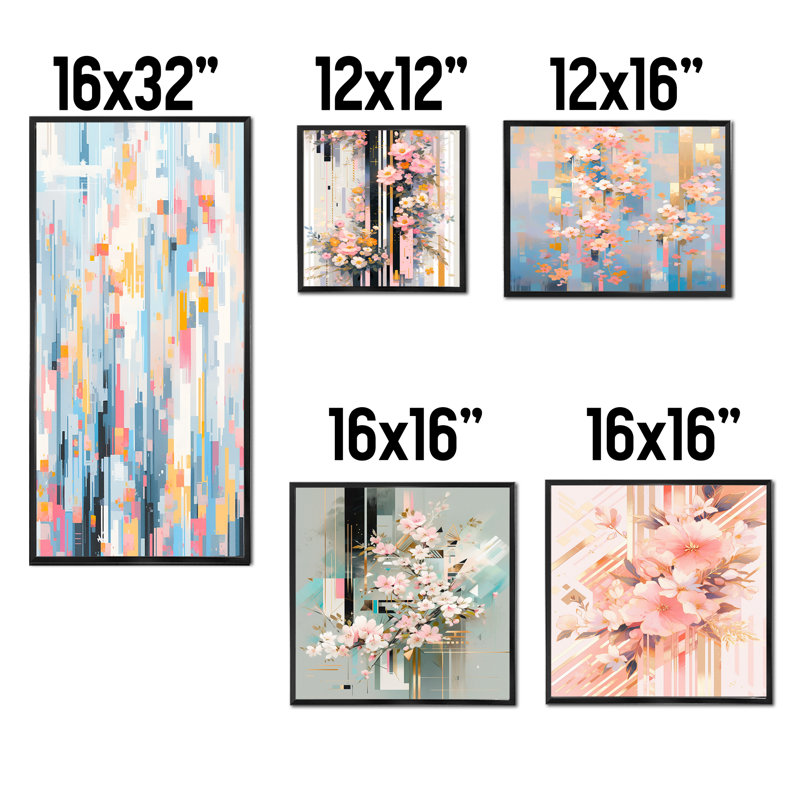 Fleurs de cerisier modernes roses "Bold Stripes I" - ensemble d'art mural sur toile cerise de 5, Cadre flottant noir
