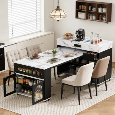 Extendable Dining Table with Extra-Long Folding Top, Rolling Kitchen Island with Drawers, Power Outlet and Brake lock, Storage Cabinet