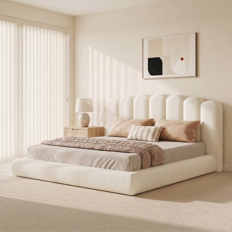 Upholstered Platform Bed with Wave Headboard, Beige, King