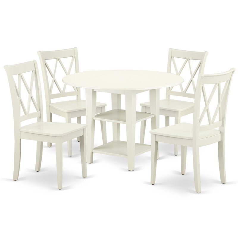 Ensemble de 5 pièces pour 4 pièces comprenant une table de salle à manger ronde avec Dropleaf et tablettes et 4 chaises de cuisine, lin blanc