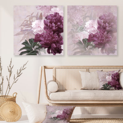 Vintage, fleurs mauves et roses - ensemble de 2 impressions sur toile tendue