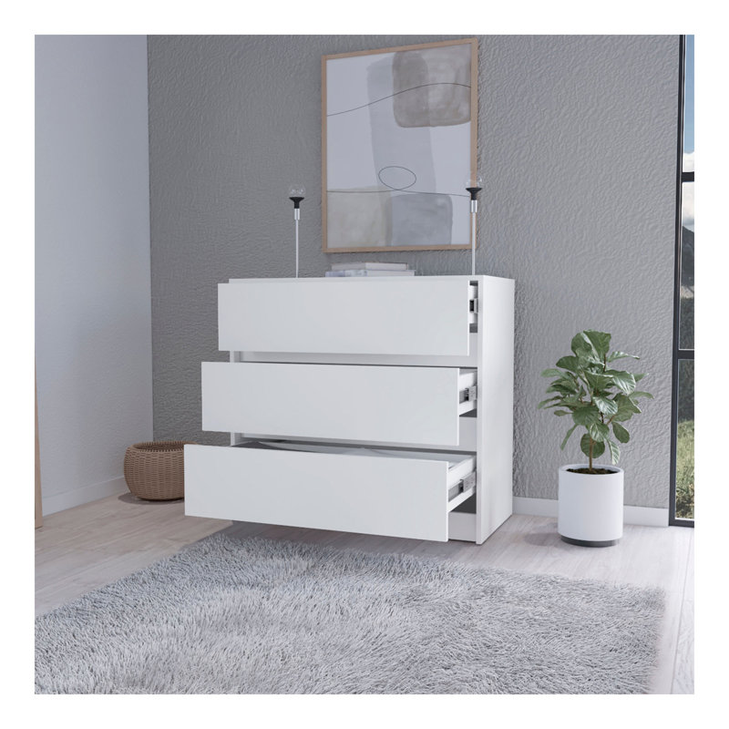 Commode 3 tiroirs Avra, plateau en bois manufacturé et commode avant
