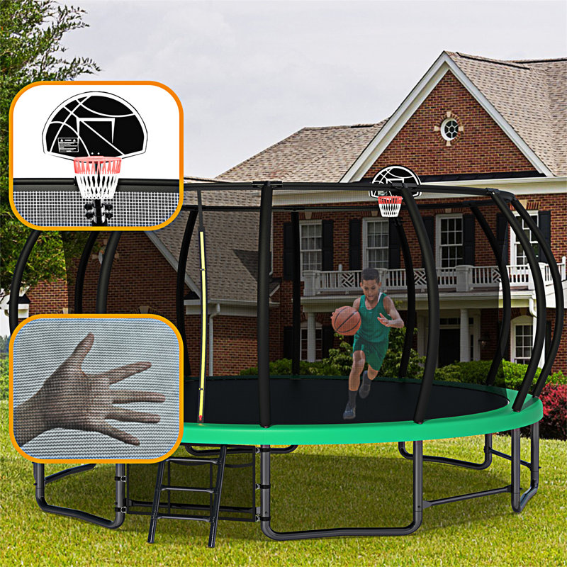 16FT Green Round Heavy Duty Trampoline with Ladder and Basketball Hoop