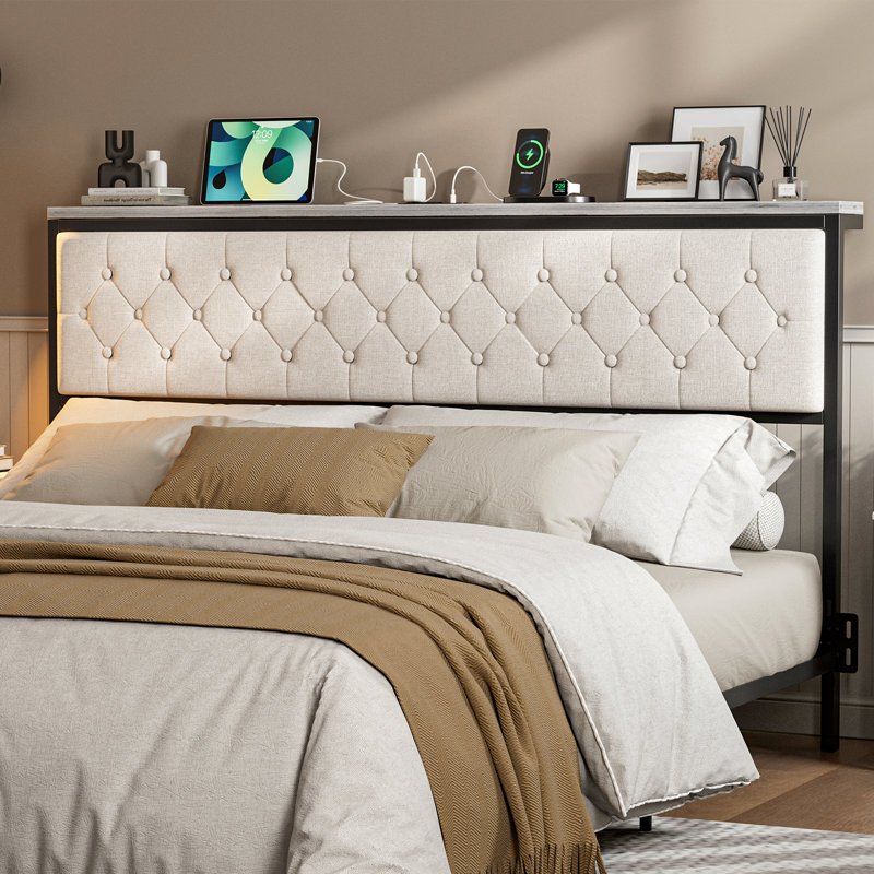 Headboard With Storage And Charging Station, Upholstered Storage Headboard Only With Bed Frame Brackets Adapter, Button Tufted Design, Easy Assembly